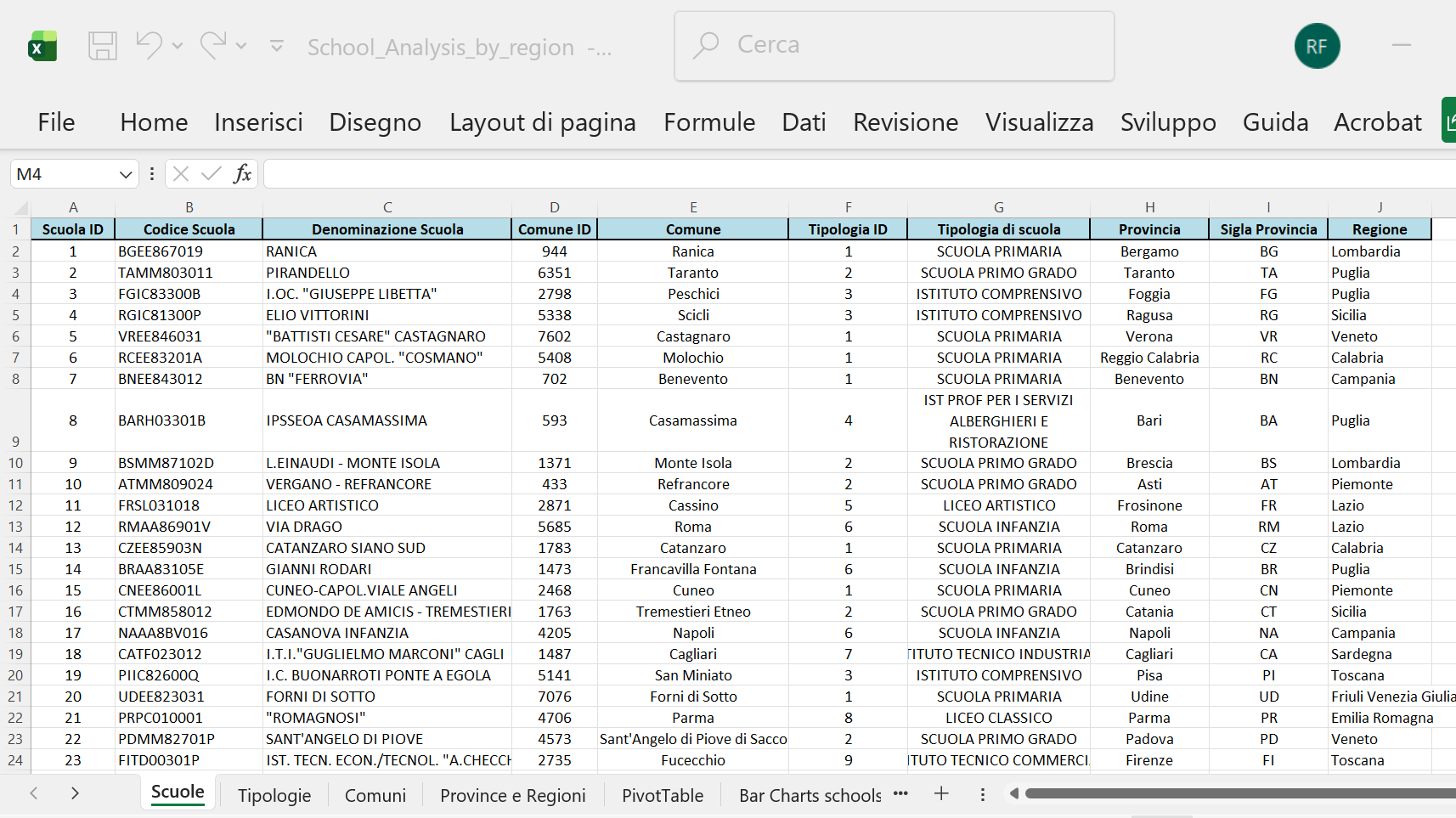 Screenshot 12 showing Scuole sheet with Regione